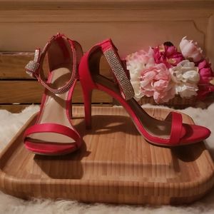 Christian Siriano Fuchsia Satin Rhinestone Ankle-Strap Stilettos